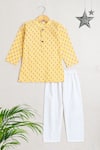 Arihant Rai Sinha_Yellow Cotton Printed Floral Mandarin Collared Kurta With Pyjama _Online_at_Aza_Fashions