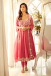 Buy_Aariyana Couture_Coral Anarkali And Dupatta Viscose Organza Embroidered Scoop U Neck Set _Online_at_Aza_Fashions