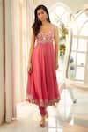 Aariyana Couture_Coral Anarkali And Dupatta Viscose Organza Embroidered Scoop U Neck Set _at_Aza_Fashions