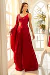 Buy_Aariyana Couture_Red Modal Satin Hand Embroidered Floral V Neck Draped Top And Palazzo Set _Online_at_Aza_Fashions