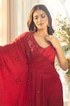 Shop_Aariyana Couture_Red Modal Satin Hand Embroidered Floral V Neck Draped Top And Palazzo Set _at_Aza_Fashions