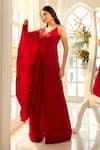 Aariyana Couture_Red Modal Satin Hand Embroidered Floral V Neck Draped Top And Palazzo Set _at_Aza_Fashions