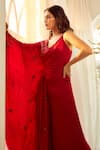 Buy_Aariyana Couture_Red Modal Satin Hand Embroidered Floral V Neck Draped Top And Palazzo Set 