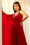 Shop_Aariyana Couture_Red Modal Satin Hand Embroidered Floral V Neck Draped Top And Palazzo Set 