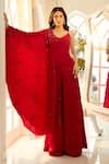 Aariyana Couture_Red Modal Satin Hand Embroidered Floral V Neck Draped Top And Palazzo Set _Online