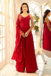 Buy_Aariyana Couture_Red Modal Satin Hand Embroidered Floral V Neck Draped Top And Palazzo Set _Online