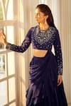 Shop_Aariyana Couture_Blue Blouse Dupion Silk Embroidered Floral Round Pleated Lehenga With Draped _Online_at_Aza_Fashions