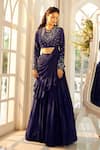 Aariyana Couture_Blue Blouse Dupion Silk Embroidered Floral Round Pleated Lehenga With Draped _at_Aza_Fashions