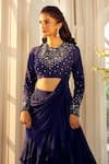 Aariyana Couture_Blue Blouse Dupion Silk Embroidered Floral Round Pleated Lehenga With Draped _Online