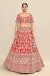 Shop_Kalighata_Red Raw Silk Hand Embroidery Floral Paan Neck Ira Jharokha Bridal Lehenga Set 