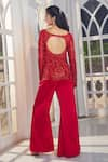 Aariyana Couture_Red Jacket Tulle Net Hand Embroidered Cutdana Bustier Plunged V Sharara Set _Online_at_Aza_Fashions