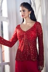 Shop_Aariyana Couture_Red Jacket Tulle Net Hand Embroidered Cutdana Bustier Plunged V Sharara Set _at_Aza_Fashions