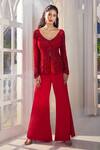 Aariyana Couture_Red Jacket Tulle Net Hand Embroidered Cutdana Bustier Plunged V Sharara Set _at_Aza_Fashions