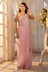 Aariyana Couture_Pink Poly Georgette Embroidered Floral Scoop Pre-draped Skirt Saree With Blouse _Online