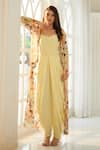 Aariyana Couture_Yellow Jumpsuit Viscose Crepe Printed Aloevera Jumpsuit Square With Jacket _Online_at_Aza_Fashions