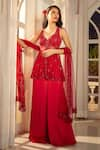 Aariyana Couture_Red Kurta Tulle Net Sharara Modal Satin Hand Embroidered Floral Plunged Set _at_Aza_Fashions