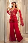 Buy_Aariyana Couture_Red Kurta Tulle Net Sharara Modal Satin Hand Embroidered Floral Plunged Set 