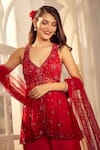 Aariyana Couture_Red Kurta Tulle Net Sharara Modal Satin Hand Embroidered Floral Plunged Set _Online