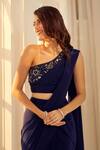 Shop_Aariyana Couture_Blue Viscose Crepe Hand Embroidered Floral One Pre-draped Saree With Bustier _at_Aza_Fashions