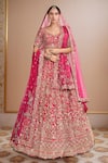 Buy_Kalighata_Pink Raw Silk Hand Embroidery Floral Paan Neck Aasmani Bridal Lehenga Set _at_Aza_Fashions