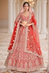 Buy_Kalighata_Red Raw Silk Hand Embroidery Floral Paan Neck Ira Jharokha Bridal Lehenga Set _at_Aza_Fashions