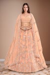 Buy_Kalighata_Peach Velvet Embroidery Floral Paan Neck Tania Rosette Lehenga Set _at_Aza_Fashions