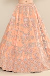 Kalighata_Peach Velvet Embroidery Floral Paan Neck Tania Rosette Lehenga Set _Online_at_Aza_Fashions