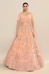 Buy_Kalighata_Peach Velvet Embroidery Floral Paan Neck Tania Rosette Lehenga Set _Online_at_Aza_Fashions