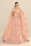 Shop_Kalighata_Peach Velvet Embroidery Floral Paan Neck Tania Rosette Lehenga Set _Online_at_Aza_Fashions