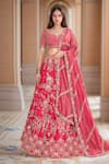 Buy_Kalighata_Pink Raw Silk Hand Embroidery Floral Paan Neck Tania Bridal Lehenga Set _at_Aza_Fashions