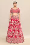 Buy_Kalighata_Pink Raw Silk Hand Embroidery Floral Paan Neck Tania Bridal Lehenga Set _Online_at_Aza_Fashions