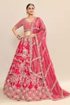 Shop_Kalighata_Pink Raw Silk Hand Embroidery Floral Paan Neck Tania Bridal Lehenga Set _Online_at_Aza_Fashions