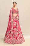 Shop_Kalighata_Pink Raw Silk Hand Embroidery Floral Paan Neck Tania Bridal Lehenga Set 