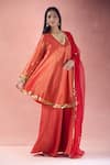 Buy_The Pink Penguin by Charmy_Red Silk Embroidery Chand V-neck Asymmetric Kurta And Palazzo Set _at_Aza_Fashions