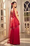 Aariyana Couture_Red Kurta Tulle Net Sharara Modal Satin Hand Embroidered Floral Plunged Set _Online_at_Aza_Fashions