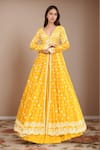 Buy_Kalighata_Yellow Chanderi Embroidery Floral Plunge V Neck Sunrise Anarkali With Lehenga _at_Aza_Fashions