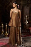 17:17 by Simmi Saboo_Brown Shimmer Embellished Round Shell Peplum Kurta With Palazzo _at_Aza_Fashions