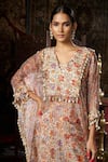 Buy_17:17 by Simmi Saboo_Beige Liquid Organza Printed Floral V Neck Kaftan Pant Set _Online_at_Aza_Fashions