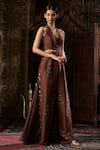 17:17 by Simmi Saboo_Brown Liquid Organza Embellished Floral Halter Neck Waist Cutout Jumpsuit _Online_at_Aza_Fashions