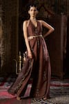 17:17 by Simmi Saboo_Brown Liquid Organza Embellished Floral Halter Neck Waist Cutout Jumpsuit _at_Aza_Fashions