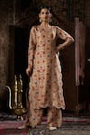 Buy_17:17 by Simmi Saboo_Beige Raw Silk Embellished Floral Round Printed Kurta With Pant _at_Aza_Fashions