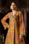 Shop_17:17 by Simmi Saboo_Gold Raw Silk Embellished Collage V Neck Print Kurta With Pant _at_Aza_Fashions