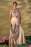 Buy_17:17 by Simmi Saboo_Beige Shimmer Embellished Floral Printed Attached Drape Sharar Saree With Blouse _Online_at_Aza_Fashions