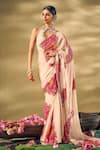 17:17 by Simmi Saboo_Beige Shimmer Embellished Sequin High Neck Floral Print Saree With Blouse _Online_at_Aza_Fashions