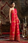 Buy_17:17 by Simmi Saboo_Pink Raw Silk Embroidered Sequin Asymmetric Floral Print Draped Jumpsuit _Online_at_Aza_Fashions