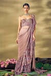 Buy_17:17 by Simmi Saboo_Grey Liquid Organza Embroidered Floral Print Ruffle Pre-draped Saree With Corset _at_Aza_Fashions