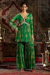 Buy_17:17 by Simmi Saboo_Green Raw Silk Embellished Shell V-neck Floral Print Peplum Kurta With Sharara _at_Aza_Fashions