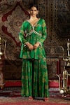 Buy_17:17 by Simmi Saboo_Green Raw Silk Embellished Shell V-neck Floral Print Peplum Kurta With Sharara _Online_at_Aza_Fashions