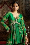 Shop_17:17 by Simmi Saboo_Green Raw Silk Embellished Shell V-neck Floral Print Peplum Kurta With Sharara _Online_at_Aza_Fashions