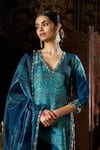 17:17 by Simmi Saboo_Blue Raw Silk Embellished Collage V-neck Print Kurta Pant Set _at_Aza_Fashions